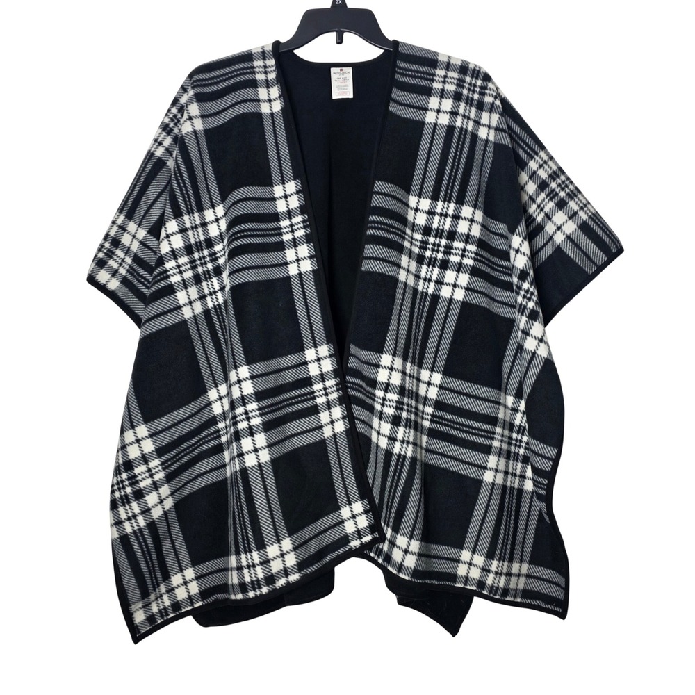 Woolrich Reversible Plaid Fleece Poncho Black White OS Wrap Shawl Cape
